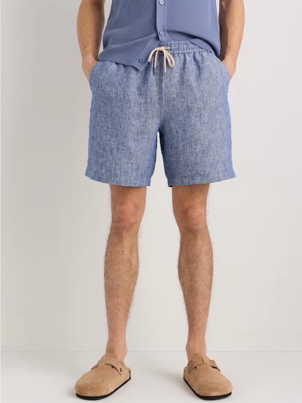 100% European Linen Drawstring Beach Shorts - 7" - L